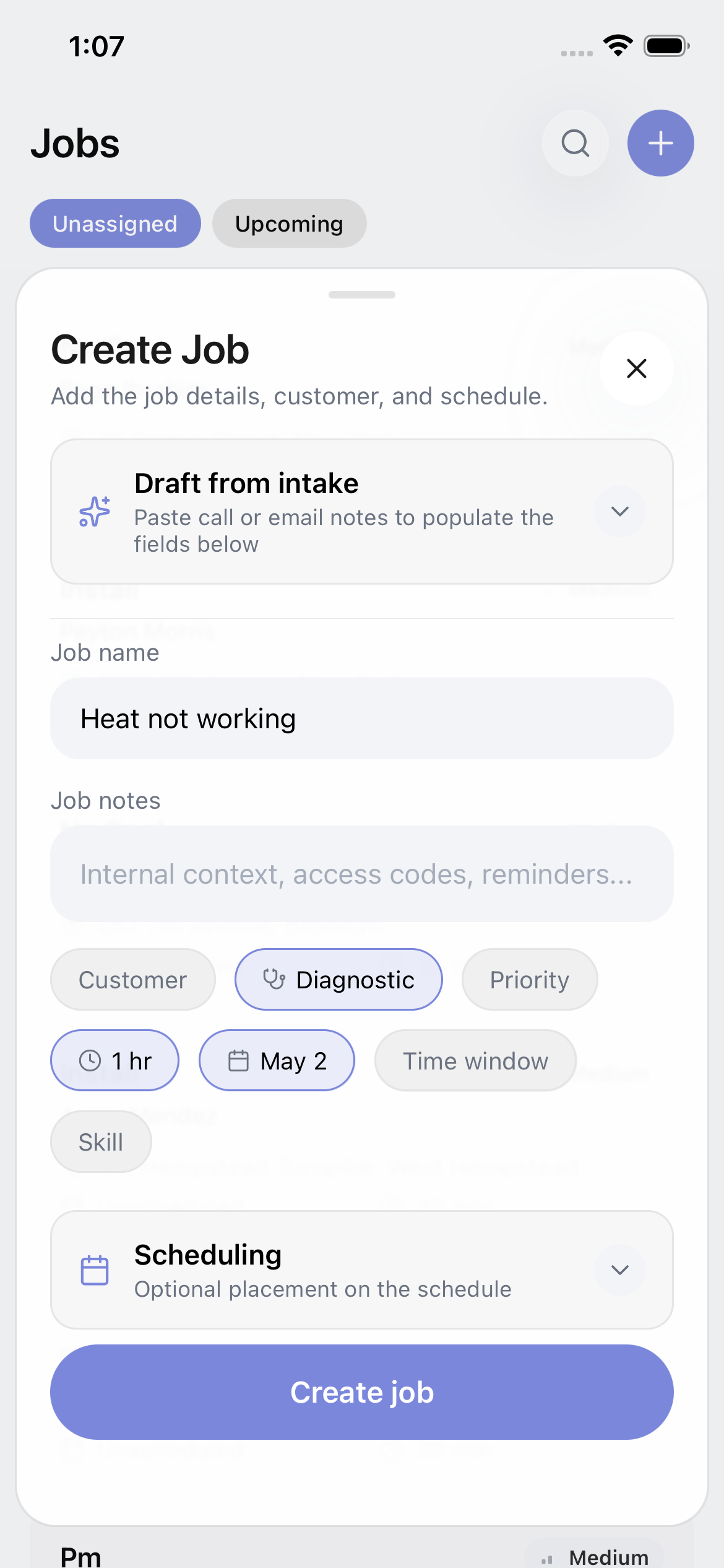 Create job from mobile app