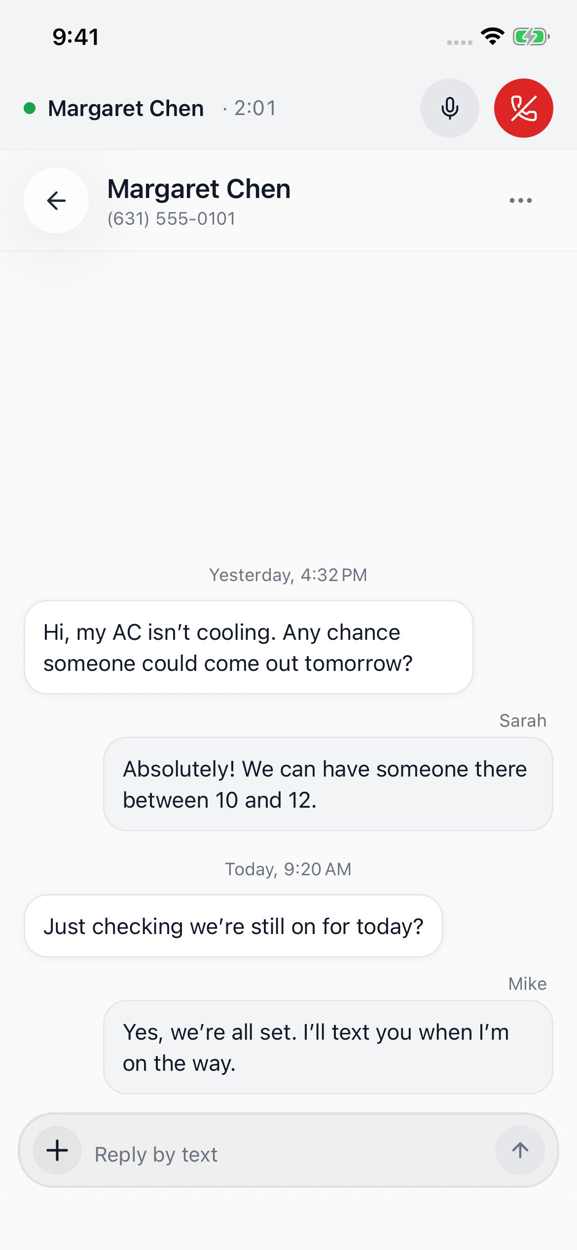 Sarah and Mike texting Margaret Chen from the same business number with her minimized active call